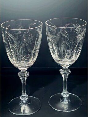 2 Tiffin Franciscan Moss Ross Water Goblets Etched Crystal Wine Glasses rare 60s